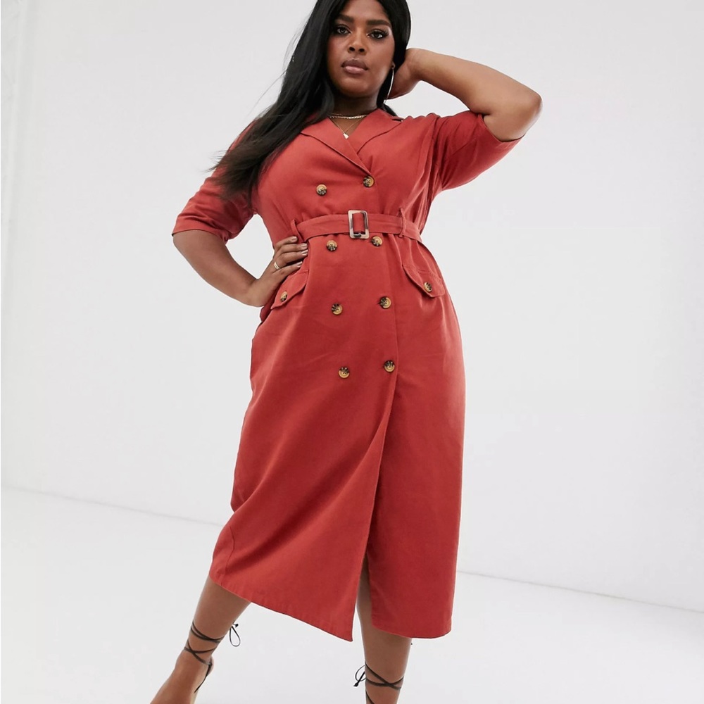 ASOS DESIGN Curve denim double breasted midi dress with short sleeve in rust